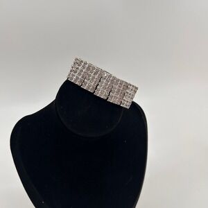 Chunky Rhinestone Stretch Bracelet Silver Tone Statement Bling Wide Cuff